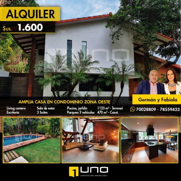 Foto Casa en Alquiler en ZONA OESTE, Santa Cruz de la Sierra, Santa Cruz - U$D 1.600 - CAA5717 - BienesOnLine