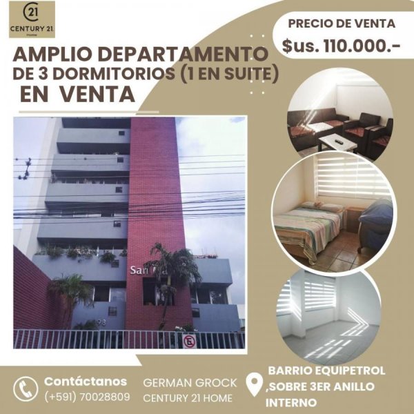 EN B. EQUIPETROL EN PLENO 3ER ANILLO INTERNO, EN VENTA DEPARTAMENTO DE 3 DORMITORIOS + PARQUEO