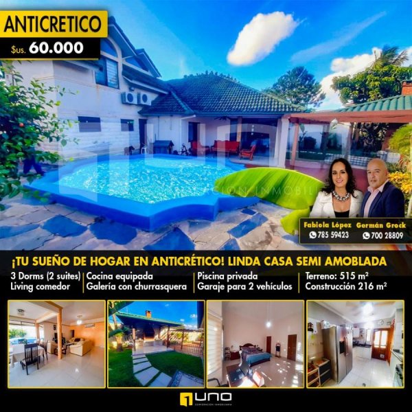 ESPECTACULAR CASA CON PISCINA Y CHURRASQUERA, DENTRO DE CONDOMINIO EN ANTICRETICO AV.PIRAI Y 4TO ANI